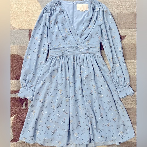 Gal Meets Glam Long Sleeve Kelsey A-line Mini Dress in Periwinkle Floral - Picture 2 of 13